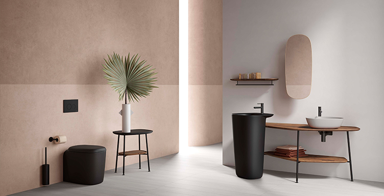 Modern bathroom setting with VitrA Plural products including matt black sanitaryware and white countertop washbasin